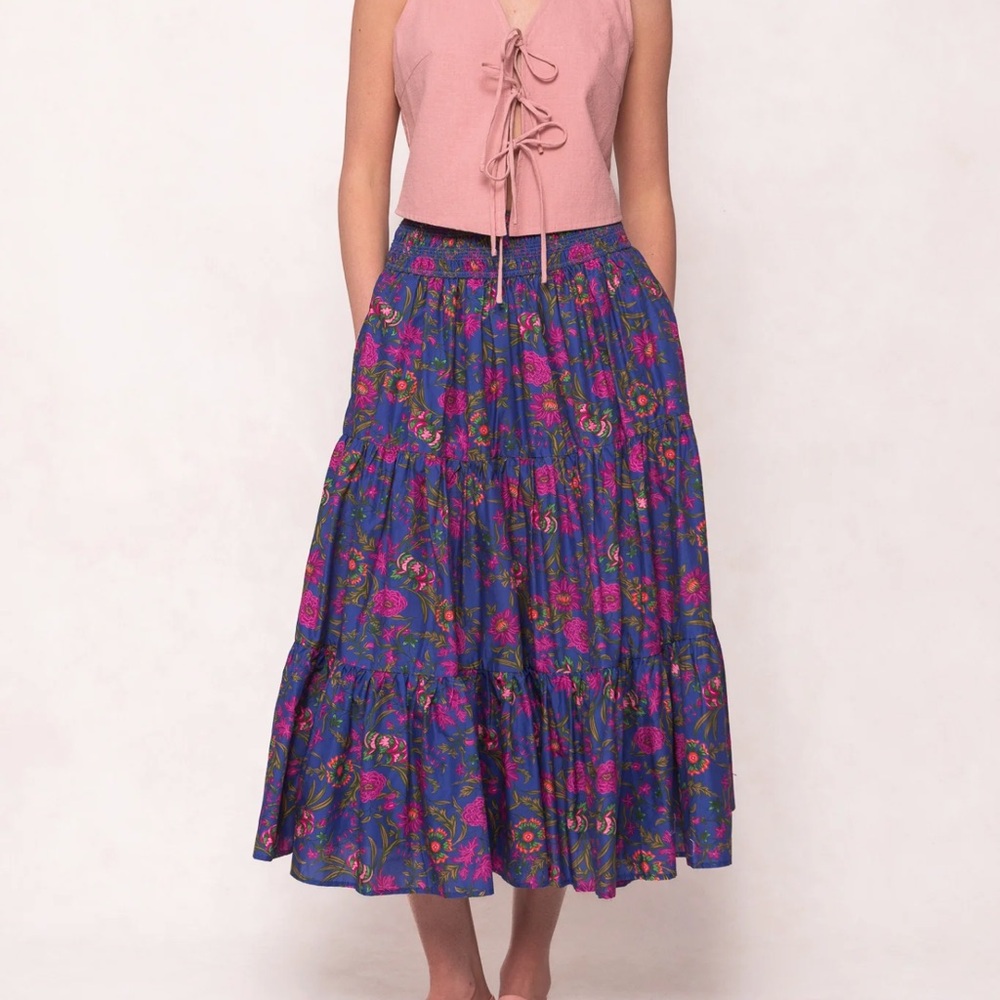 Ivy City Co Blue and Pink A-Line Midi Skirt